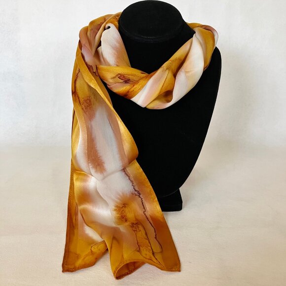 Hand Painted Silk Scarf Gold White Womens Unique Oblong Head Neck Hair New Gift - Picture 2 of 5